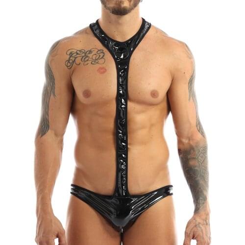 Men Black Wet Look Faux Leather Open Butt Mankini Briefs Jockstrap Hot Sexy Male Gay Bondage Underwear with Metal O-ring