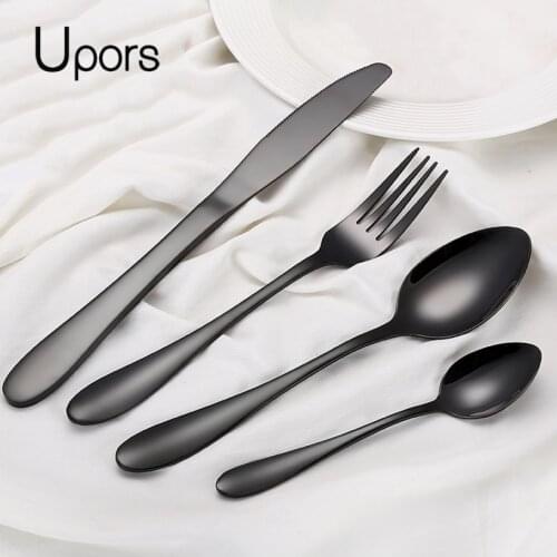 Upors 304 Stainless Steel Black Cutlery Set Dinnerware Set forks knives Tableware Silverware Dinner Set 4Pcs