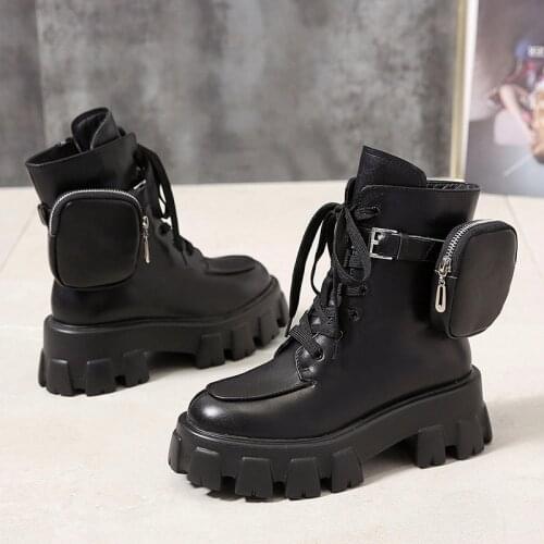2022 New product Pocket Motorcycle Boots Women Platform Shoes Lace Up Thick-soled Black Military Shoes Woman Half Botas Mujer