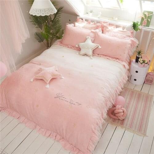Pink White Gradient Color Velvet Fleece Winter Warm Girl Bedding Set Star Embroidery Lace Duvet cover Bed Sheet/Linen Pillowcase