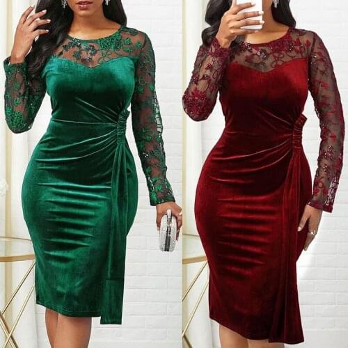 Sexy Women See Through Long Sleeve Lace Patchwork Ruched Bodycon Party Dress Womens Clothing