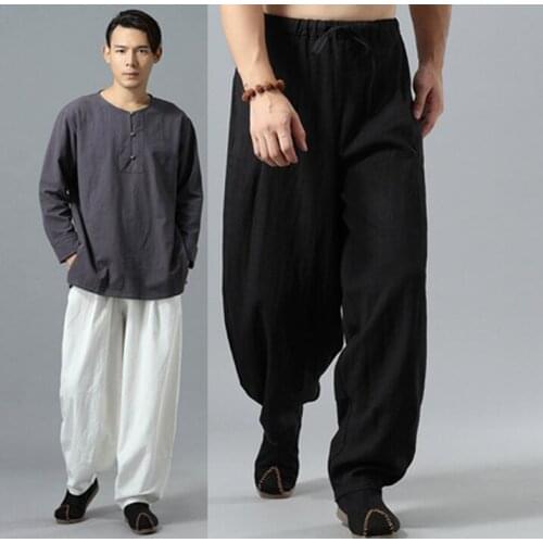 Chinese style personality pants mens linen trousers pantalones hombre flax harem pants for men pantalon homme loose straight