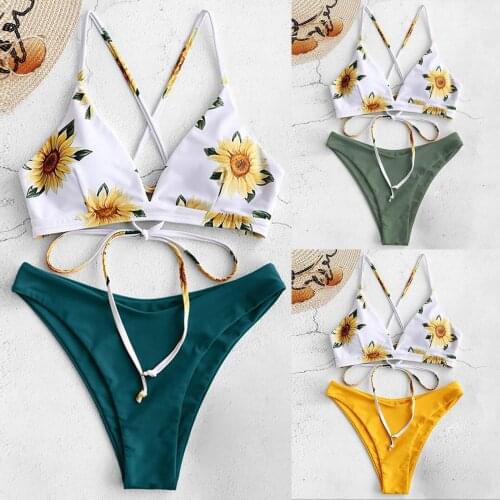 Women Summer Fashion Sexy Two Piece Push Up Tankini Sets Plus Size Beachwear Swimsuit Bikini Sunflower Print High Waist Bikini