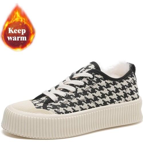 2020 Winter Leopard Shoes Women Vulcanized Shoes Fashion Warm Fur Flats Female Sneakers Hot Lace Up Casual Platform Shoes Girls