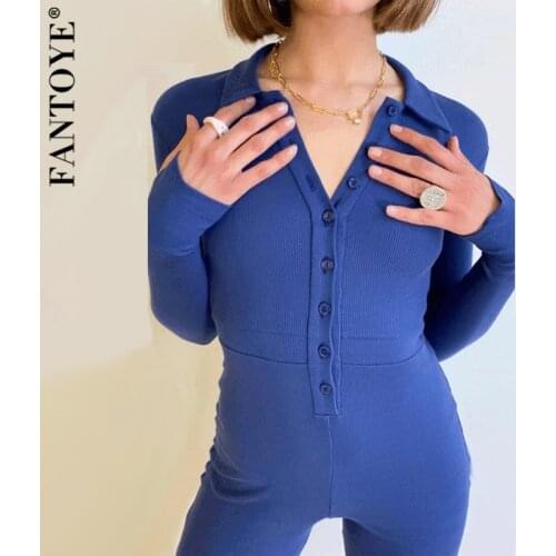Fantoye Knitted Turn-down Collar Women Jumpsuits Overalls Black Long Sleeve Bodycon Button Jumpsuits Autumn Slim Female Overalls