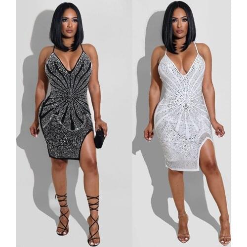 Hot Rhinestone Patchwork Bodycon Dress Woman Sleeveless Halter High Slit Night Club Party Dresses New Sexy Outfits Plus Size 3XL