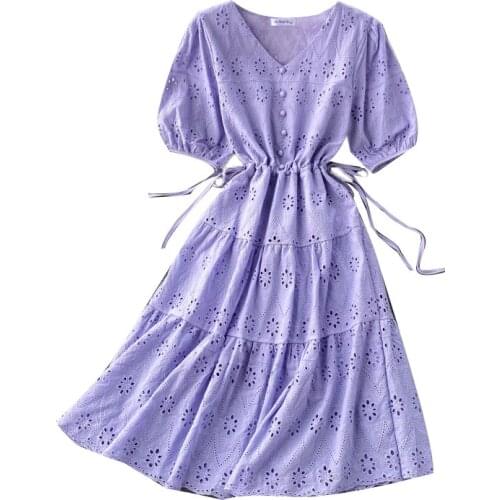 New Summer Women Sexy V-Neck Puff Sleeve Drawstring Slim Dress High Quality Embroidery Hollow Out Chic Elegant Dress
