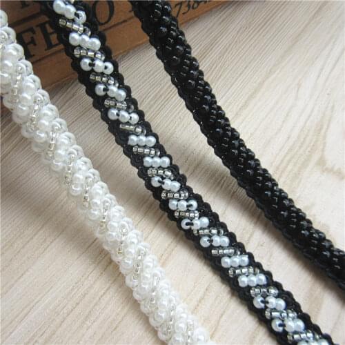 1 yard Vintage Pearl Beaded Embroidered Lace Trim Ribbon Fabric Handmade DIY Sewing Craft For Costume Hat Decoration 10mm wide