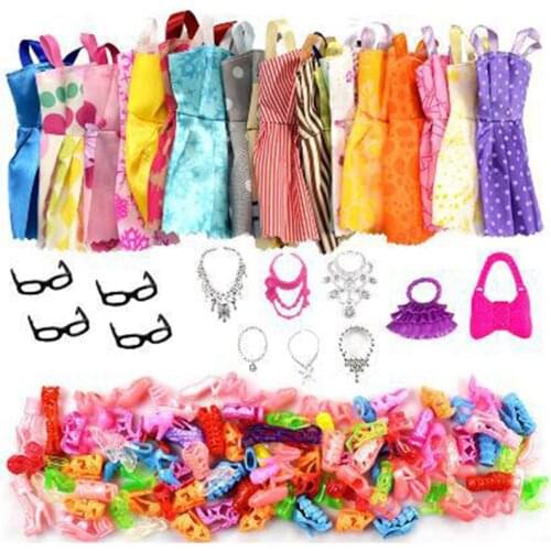 32pcs/set Doll Accessories 10 Mix Fashion skirts + 4 Glasses+ 6 Necklaces+2 Handbag+ 10 Shoes Doll Dress Clothes For Doll