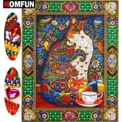 HOMFUN Diamond Painting Animal Diy Diamond Embroidery Cat Home Decor Partial Round Drill Special Shaped Diamond gift 40x50cm