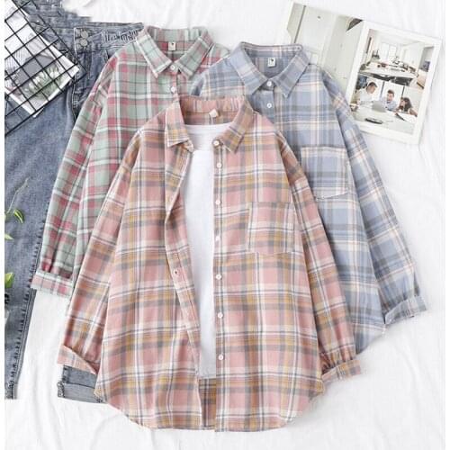 Women Blouse Casual Plaid Vogue Simple Comfortable Loose Boyfriend Style 100% Cotton Ladies Tops Outwear New Oversized Shirt