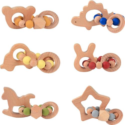 Wooden Teether Baby Bracelet Animal Shaped Jewelry Teething For Organic Wood Silicone Beads Baby Rattle Stroller Accessories Toy