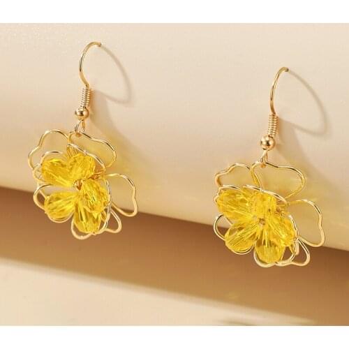 Docona 2020 Latest Design Sweet Crystal Geometric Earrings for Women Fashion Yellow Flowers Drop Dangle Earrings Jewelry 15038