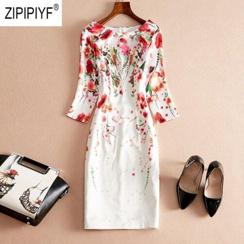 Elegant Fashion Women Dresses O Neck Three Quarter Sleeve Bodycon Pencil Short Dresses Party Floral Printing Casual Dress Z1447