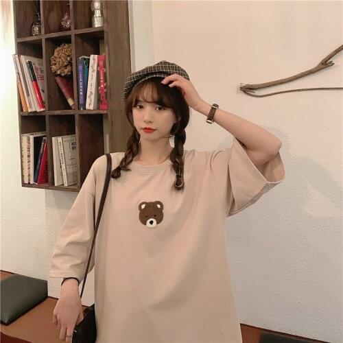Female Korean Harajuku Cute Sweet Bear Print Loose Tshirt Womens T-shirts Tops Japanese Kawaii Ladies Ulzzang Clothes For Women