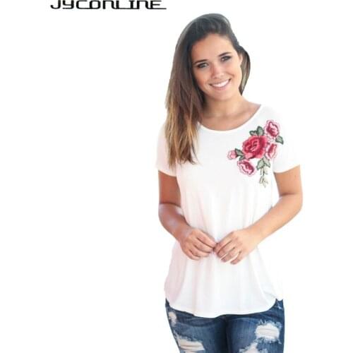 JYConline Floral Embroidery T-shirt Women Short Sleeve O-neck Summer Tees Shirt Femme Cotton T-shirts Plus Size White Tops 2017