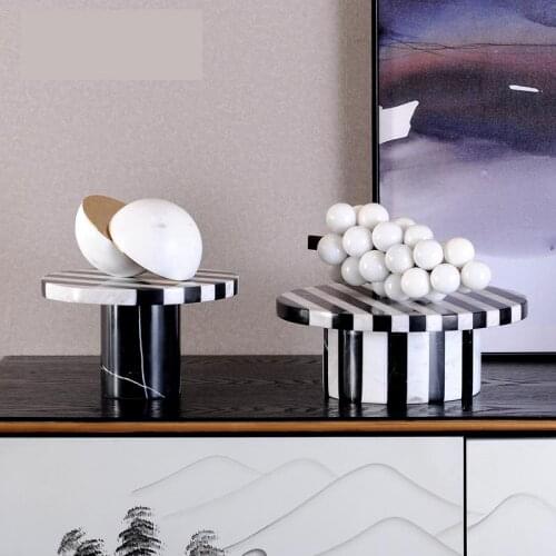 Classic White And Black Strip Marble Tray High Foot Cake Serving Tray Hand Made Genuine Marble Stone Tray