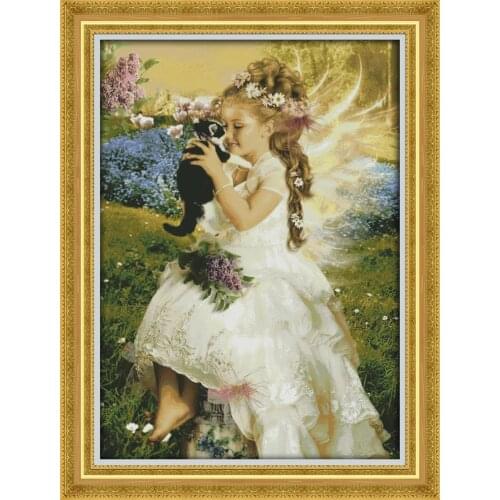 Joy Sunday The Girl Holding The Cat Cross Stitch 11CT 14CT Cross Stitch Sets Wholesale Cross-stitch Kits Embroidery Needlework