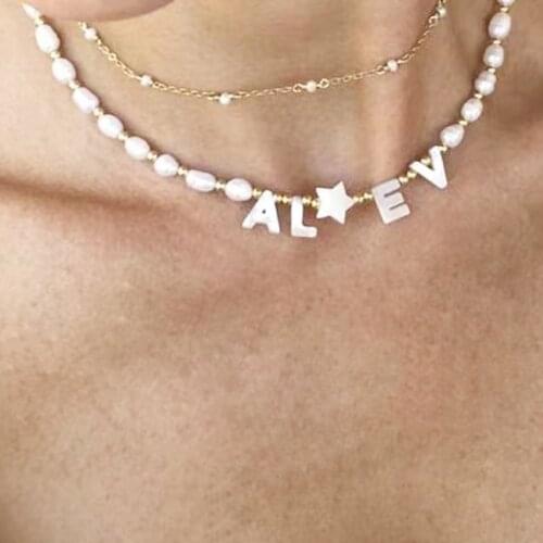 Women Personalized Name Short Necklace сверхъестественное Pearl Shell Letters Stars Creative Stitching Jewelry Charm accessories