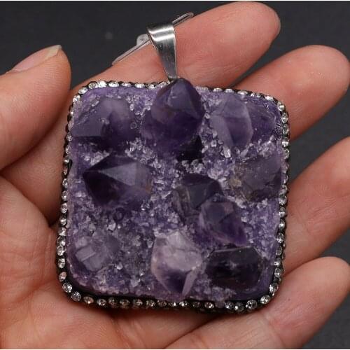 Natural Amethysts Druzy Diamon-Studded Pendants Square Charms Pendants for Jewelry Making DIY Necklace Size 42x45mm