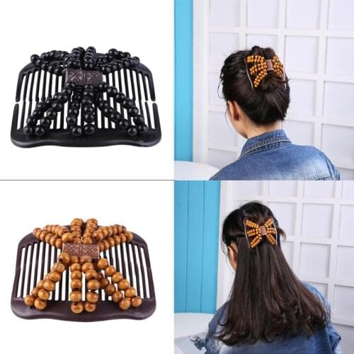 Women Double-row Variety Hair Comb Wood Bead Hair Disk Comb Headwear Decor