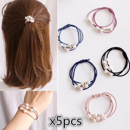 5 Pcs Women Girls Pearl Elastic Hair Bands Ponytail Holder Gum for Hair Scrunchies Headband Rubber Band Kids Hair Accessories