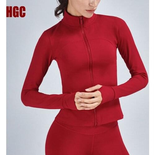 HGC Sports Top Women Zipper Long Sleeve Yoga Jacket Stand Collar Thumb Holes Fitness Blouse Gym Autumn Winter Slim Running Coat