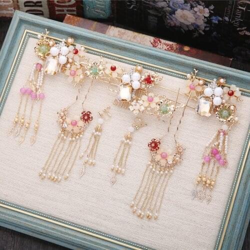 Chinese crystal beads tassle phoenix crown hairpins earrings sets atmosphere wedding hair accessories