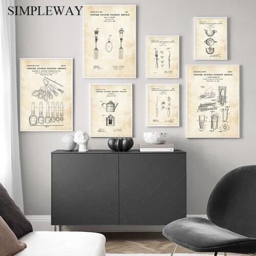 Kitchen Vintage Poster Wine Knife Patent Blueprint Canvas Print Wall Art Painting Creative Picture Dinging Room Hotel Decoration