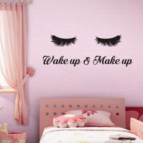 Wake Up & Make Up Wall Decal Fashion Eyelash Wall Sticker Women Beauty Quote Sticker for Bedroom Decoration B220