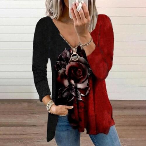 Y2K Autumn V-neck Zipper Rose Print Women T-shirts 2021 Long Sleeve Harajuku Basic Lady Tops Loose Casual Elegant T-shirts Femme