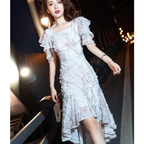 Women Fashion Short Sleeve Square Collar Elegant Party Evening Dresses 2021 Hollow Out Floral Embroidery Irregular Casual Dress