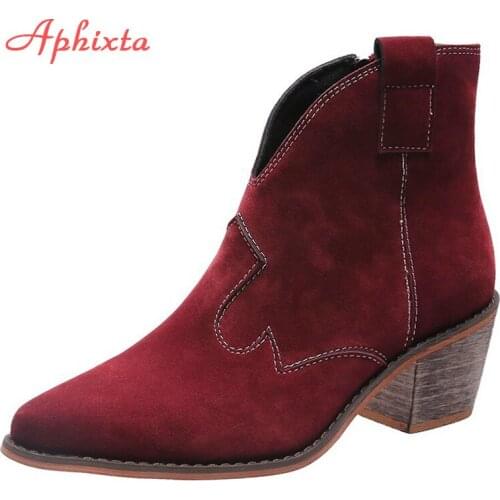 Aphixta Wood Spike Heels Nubuck Boots Women Antiskid Zip Pointed Toe Retro Ankle Boots Shoes Woman Boats Plus Big Szie 42 43