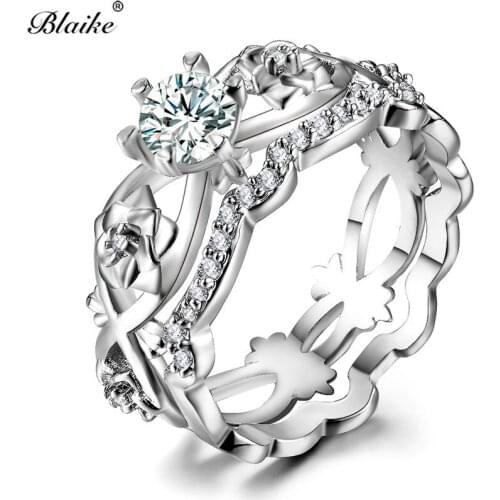Blaike Silver Color White AAA Zircon Ring Sets For Women Flower Jewelry Clear Birthstone Double Rings Wedding Gift