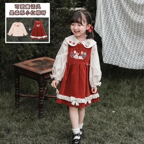 Lolita Cute Rabbit Corduroy Overalls Dress Girls Vintage Ruffle Harajuku Casual Kawaii Suspenders Dresses + Shirt 2Pcs Suit Part