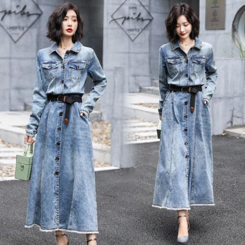 Autumn spring Dress With belt Casual Denim washed Womens Long Sleeve High Waist jeans SLIM Dresses Europen Women clothings