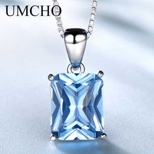 UMCHO Real 925 Sterling Silver Square Sky Blue Nano Topaz Gemstone Pendant Necklace For Women Gift Party Elegant Fine Jewelry