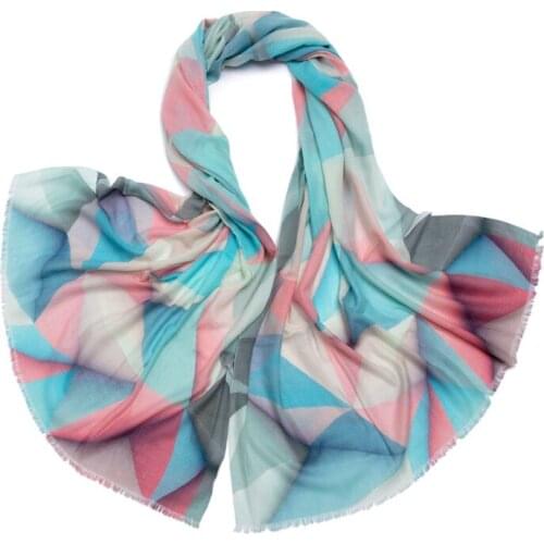 100% merino wool women colorful geometry patterns print twill thin scarf shawl pashmina 90x200cm