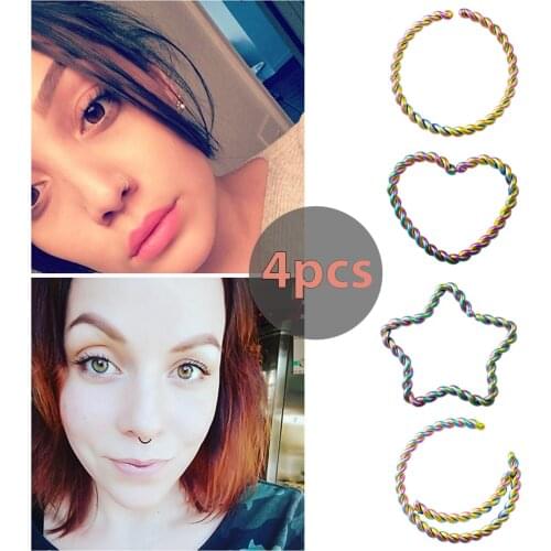 4pcs/set Colorful Twist Stainless Steel Open Hoop Piercing Septum Nose Ring Hoop Lip Hoop Rings Earrings Cartilage Jewelry 18g