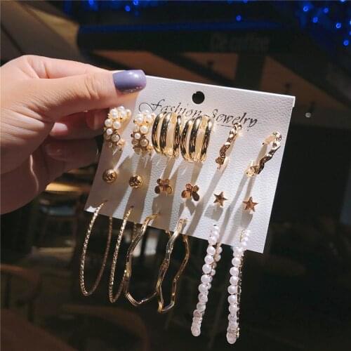 6/9Pairs Hoop Pearl Earring Set For Women Fashion Gold Color Metal Butterfly Circle Geometric Vintage Earring for Women Jewelry