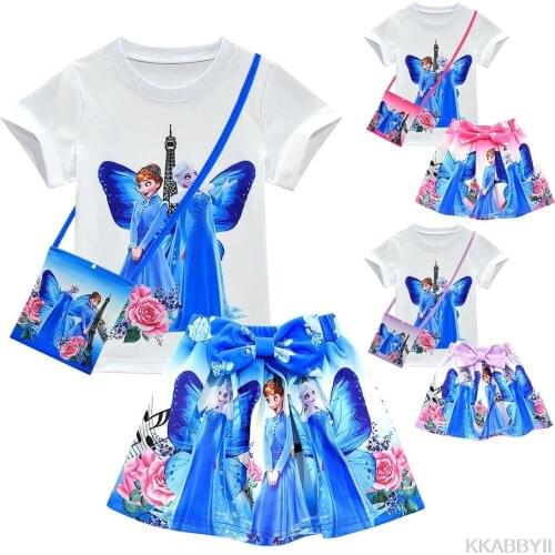 Disney Summer Girls Clothes Sets Frozen Girls Anna Elsa T-shirt Skirt Suit Kids Holiday Costume Girl Clothing Sets