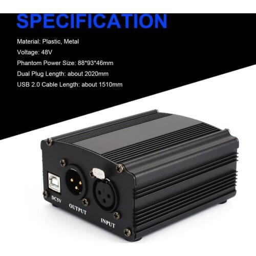 48V USB Phantom Power Supply USB2.0 Cable Dual Plug Microphone Cable For Micro Microphone Condenser Recording Equipment