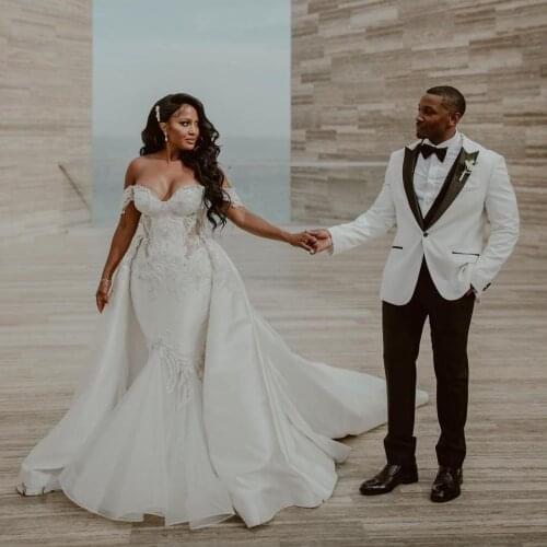 Graceful Mermaid Wedding Dresses With Detachable Train Bridal Gowns Beaded Off The Shoulder Plus Size Appliqued Satin robes