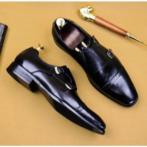 Men Business Leather Shoes Genuine Leather Oxfords Vintage Double Buckle Monk Shoes Black Dress Shoes Male Plus Size Brogues
