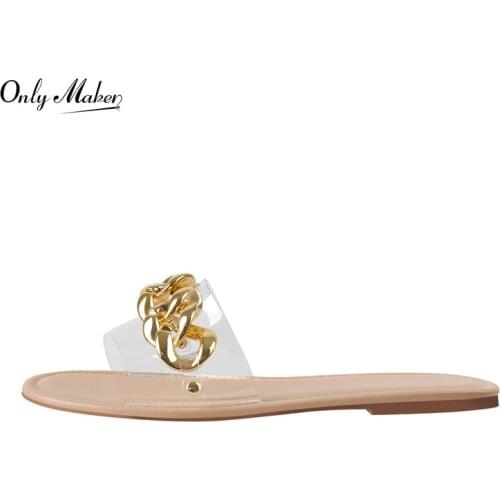 Onlymaker Slip On Shoes For Women Summer Flats Round Open Toe Metal Chain Decoration PVC Fashion Comfortable Big Size Slipper