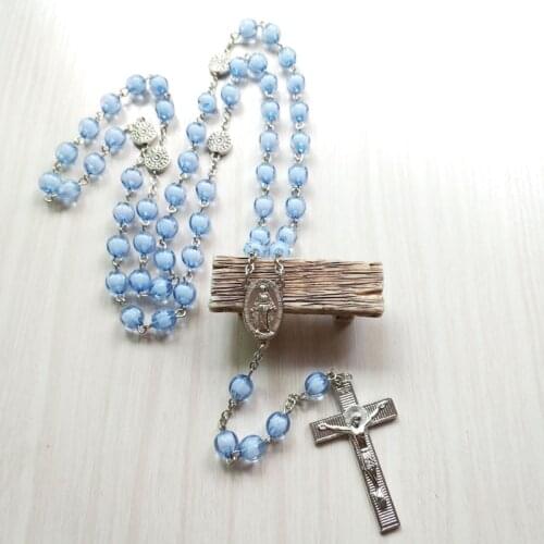 QIGO Catholic Jewelry Cross Pendant Rosary Necklace Long Blue Acrylic Necklace For Men Women