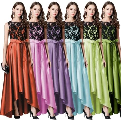 Prom dress Lace&Satin O-Neck Sleeveless Bow Belt High/Low A-line Draped Candy Color Evening dress