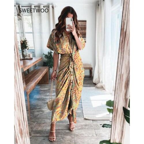 Fashion Lapel Draped Evening Dress Elegant Button Office Ladies Shirt Print Dress Female Summer Short-Sleeved Slit Long Dress