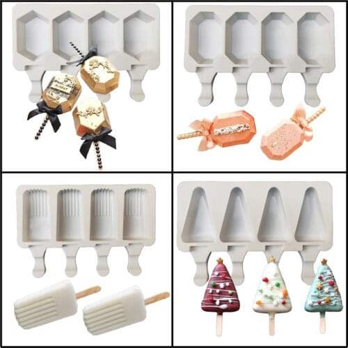 4 Cavity Rhombus Jewel Silicone Popsicle Molds Stripe Ice Cream Moulds and 50Pcs Sticks Dessert Tools Summer Ice Cakesicle Tray