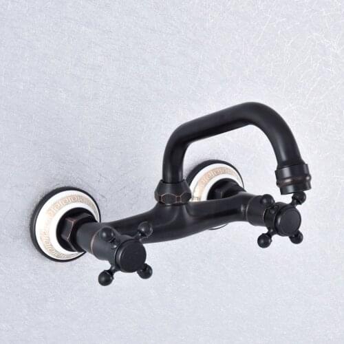 Kitchen Wet Bar Bathroom Vessel Sink Faucet Black Oil Rubbed Brass Wall Mounted Swivel Spout Mixer Tap Dual Cross Handles msf733